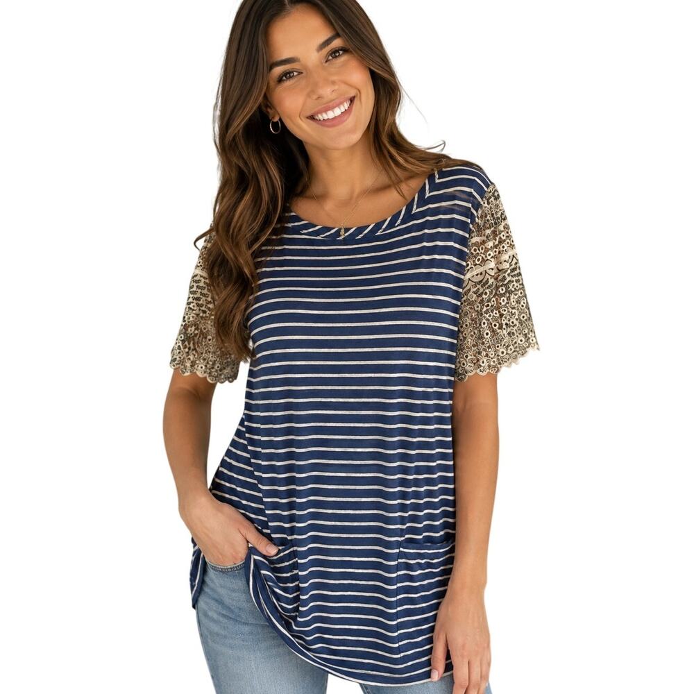 LOGO Lori Goldstein Mixed Media Top Womens Small Blue Striped Eyelet SLeeves Tee